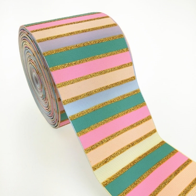 Gold Glitter Printed Grosgrain Ribbon Colorful Stripes