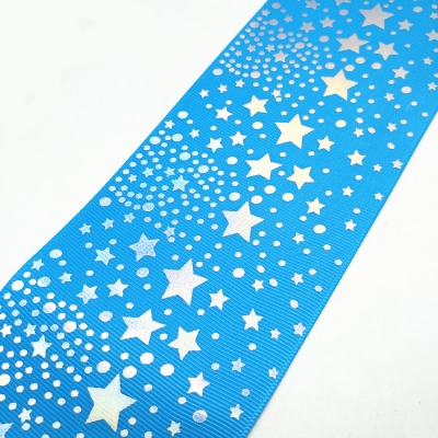 Foil Stamping Printed Blue Grosgrain Ribbon Stars Dots