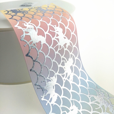 Heat-transfer Rainbow Silver Laser Foil Printed Grosgrain Ribbon Fish Scale Pattern and Unicorn