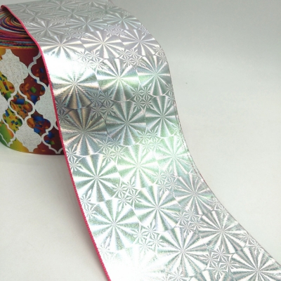 Silver Laser Foil Printed Grosgrain Ribbon A Silver Radial Pattern